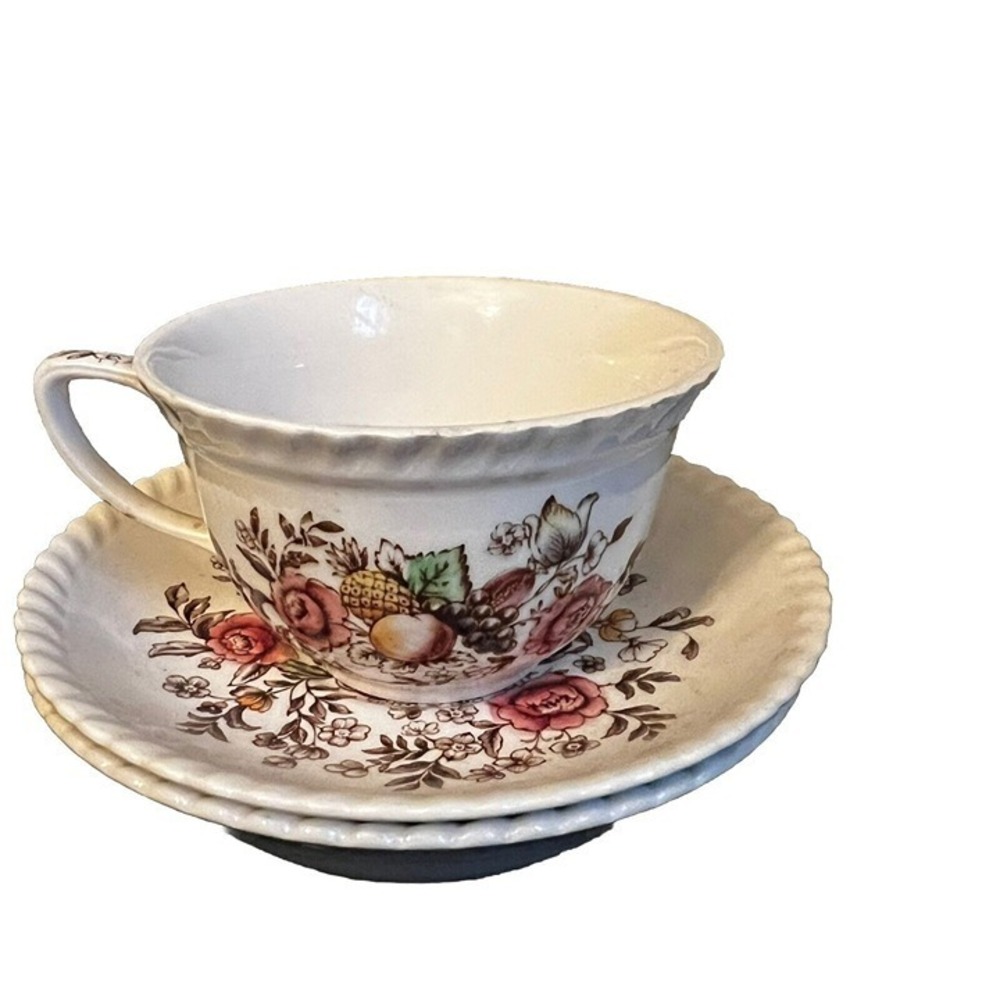 JOHNSON BROTHERS TEA CUP SAUCER UNISEX OS CREAM EXCELLENCE FRUIT BASKET 2.5IN
